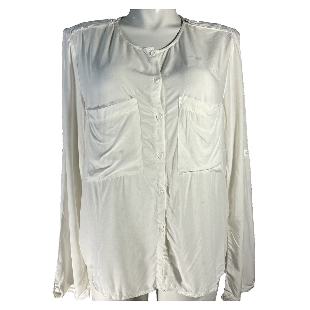 Sam & Lavi Top LARGE Ivory‎ Off White Solid Rayon Pocket Hi Lo Roll Tab Sl Split